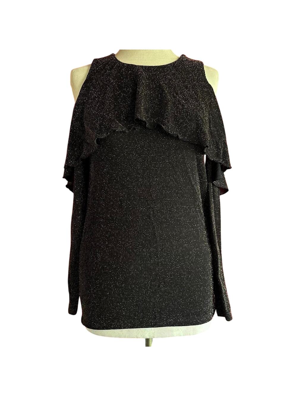 Womens Top Size Small Black Gold Details Open Shoulder Ruffle Detail Glam Party - Picture 1 of 8